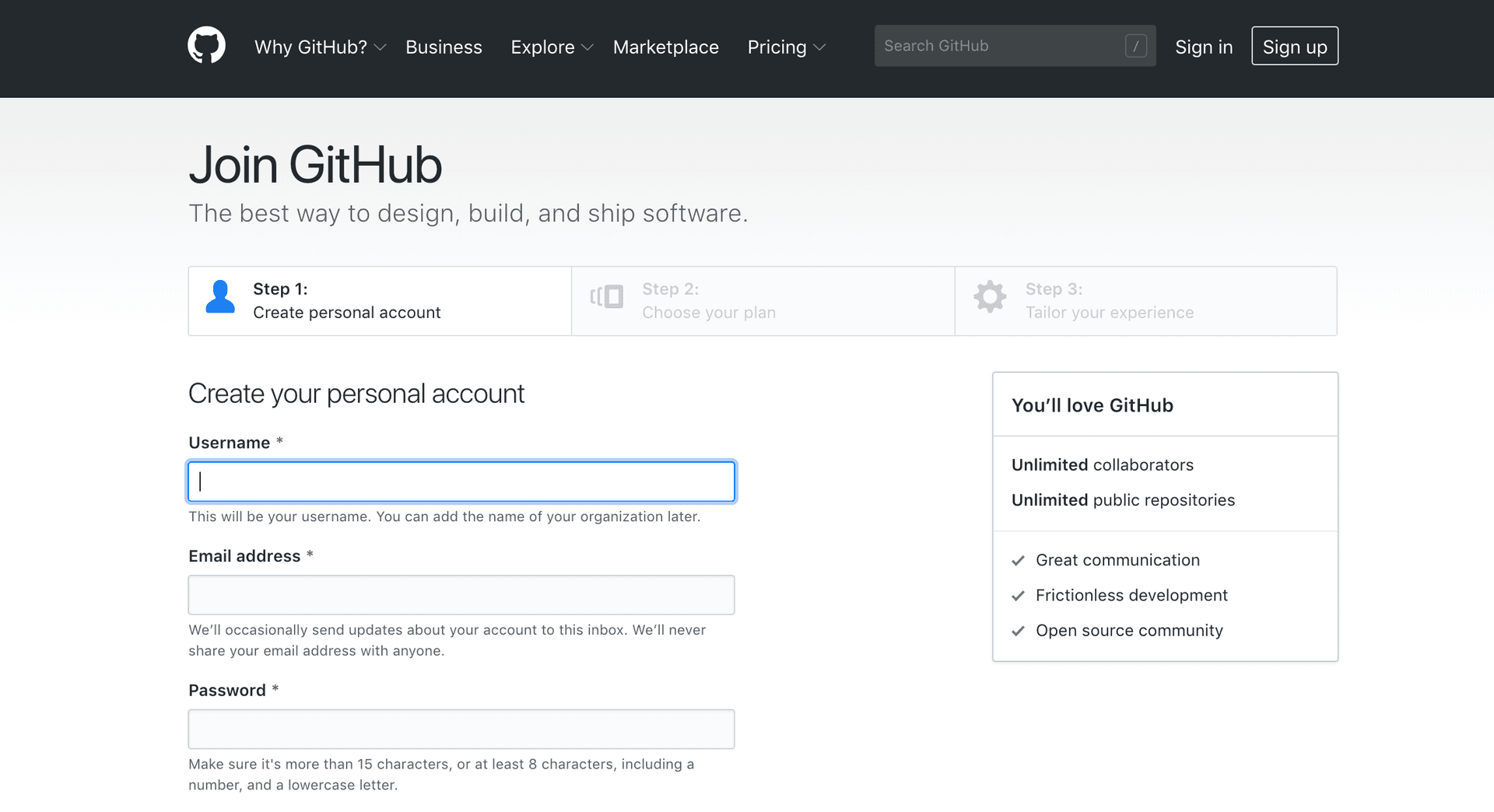 Github multi step signup