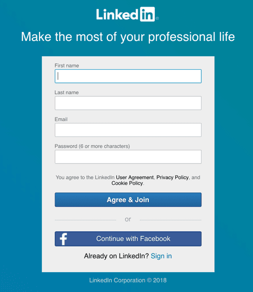 linkedin signup page continue with facebook